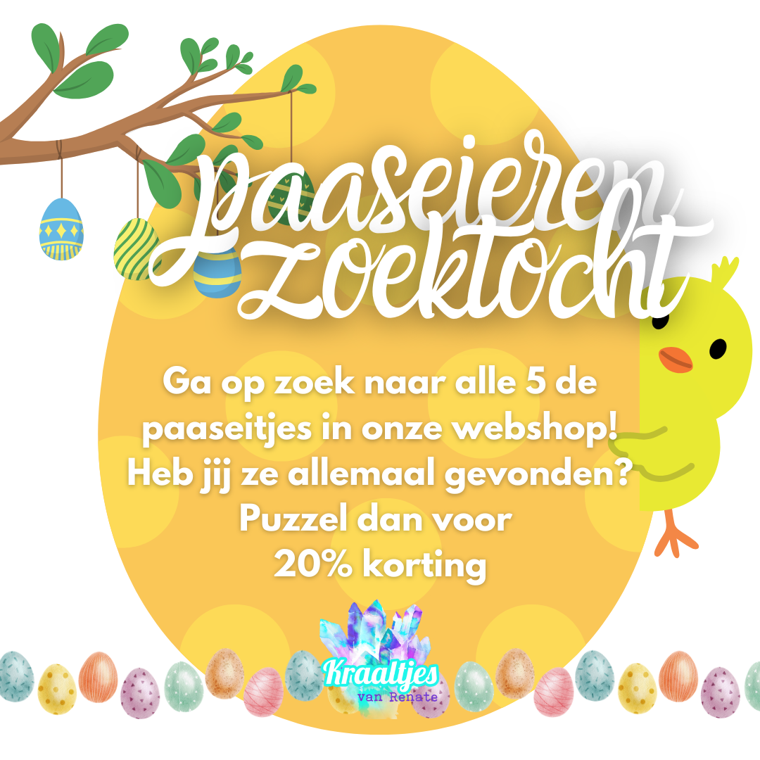 Vijf gele paaseieren met kortingscodes verstopt in de webshop van kraaltjesvanrenate.nl, paasactie april 2026