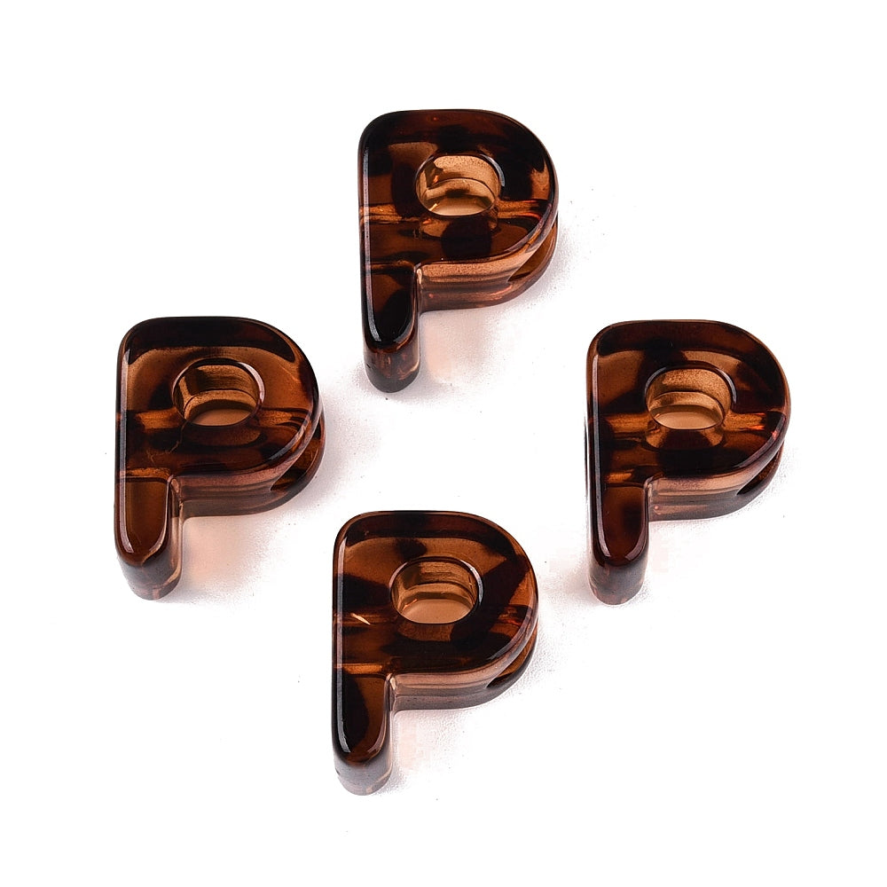 Acryl Kraal Luipaardprint Groot Gat Letter P Bruin 22mm - per stuk-Kralen-Kraaltjes van Renate