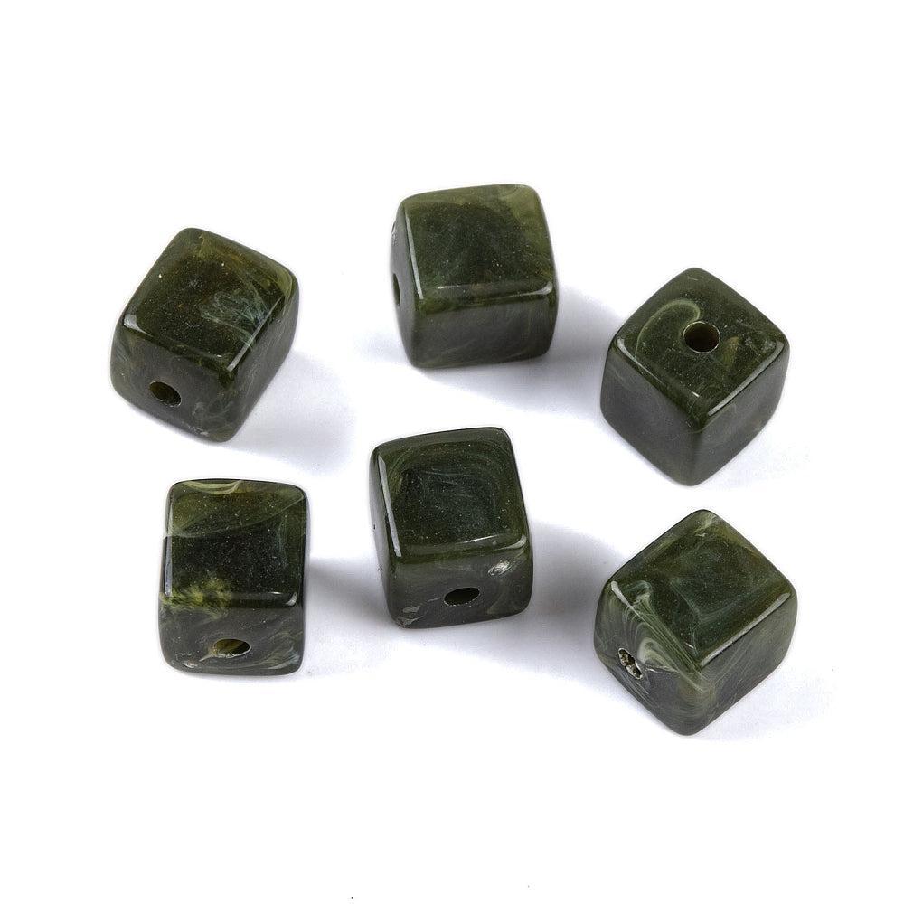 Acryl Kralen Edelsteen Look Kubus Legergroen 9mm - 12 stuks-Kralen-Kraaltjes van Renate