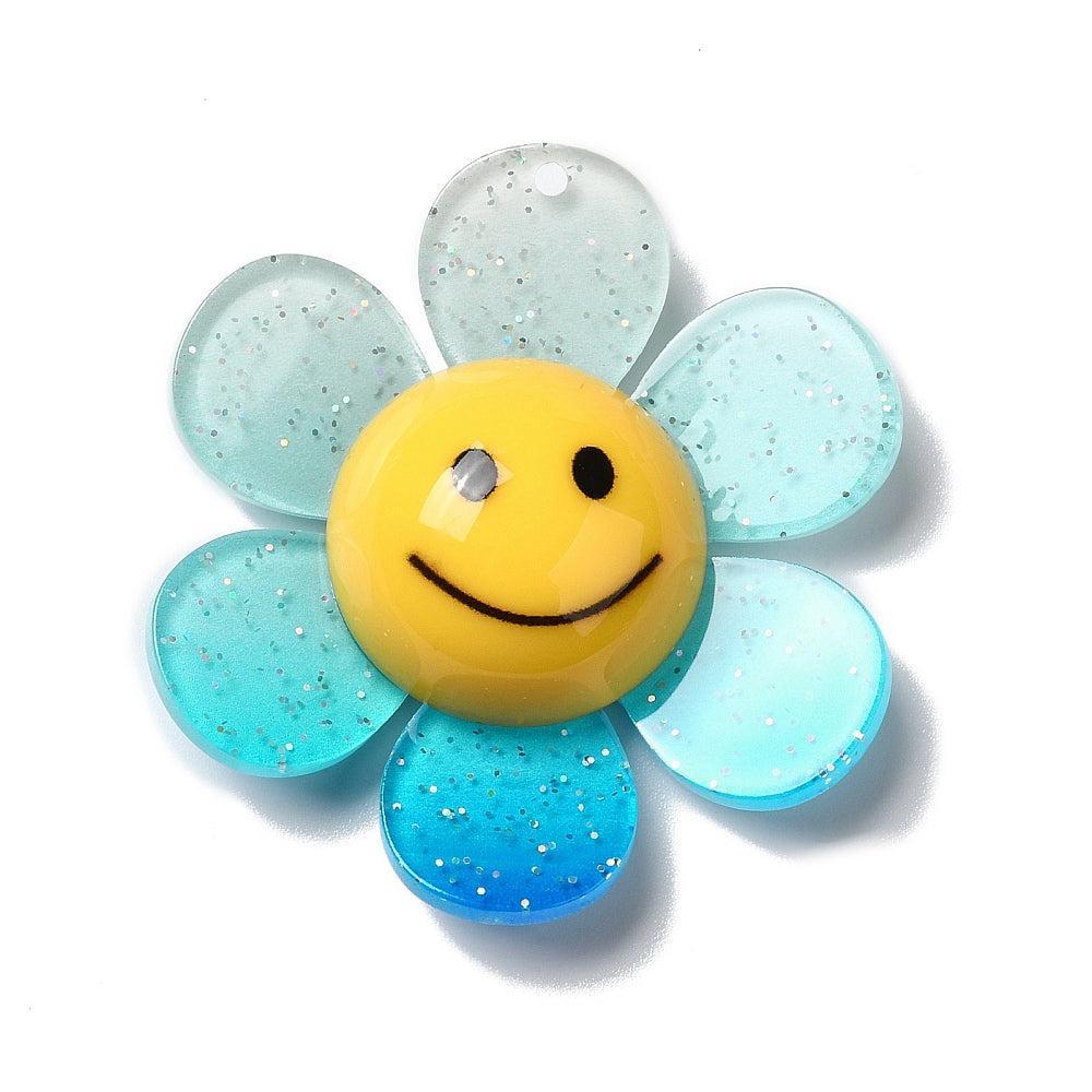 Acryl bedel groot bloem glitter blauw 52mm- per stuk-Kralen-Kraaltjes van Renate