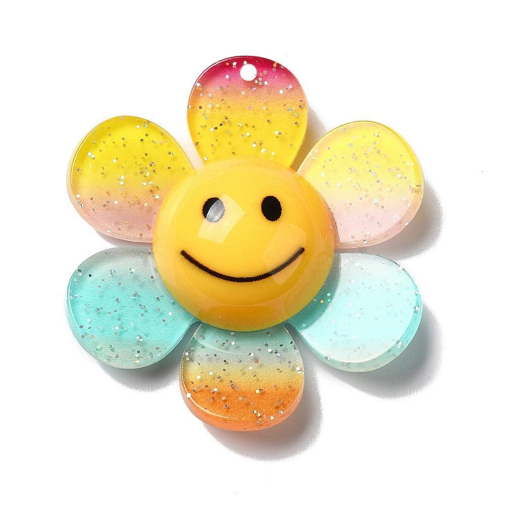 Acryl bedel groot bloem glitter multicolor 52mm- per stuk-Kralen-Kraaltjes van Renate