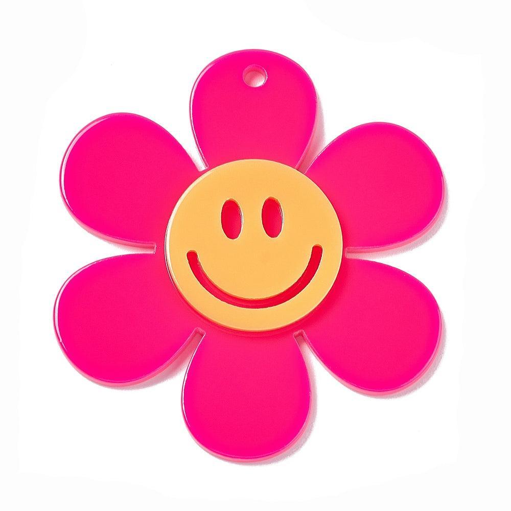 Acryl bedel groot bloem neon roze 55mm- per stuk-Kralen-Kraaltjes van Renate