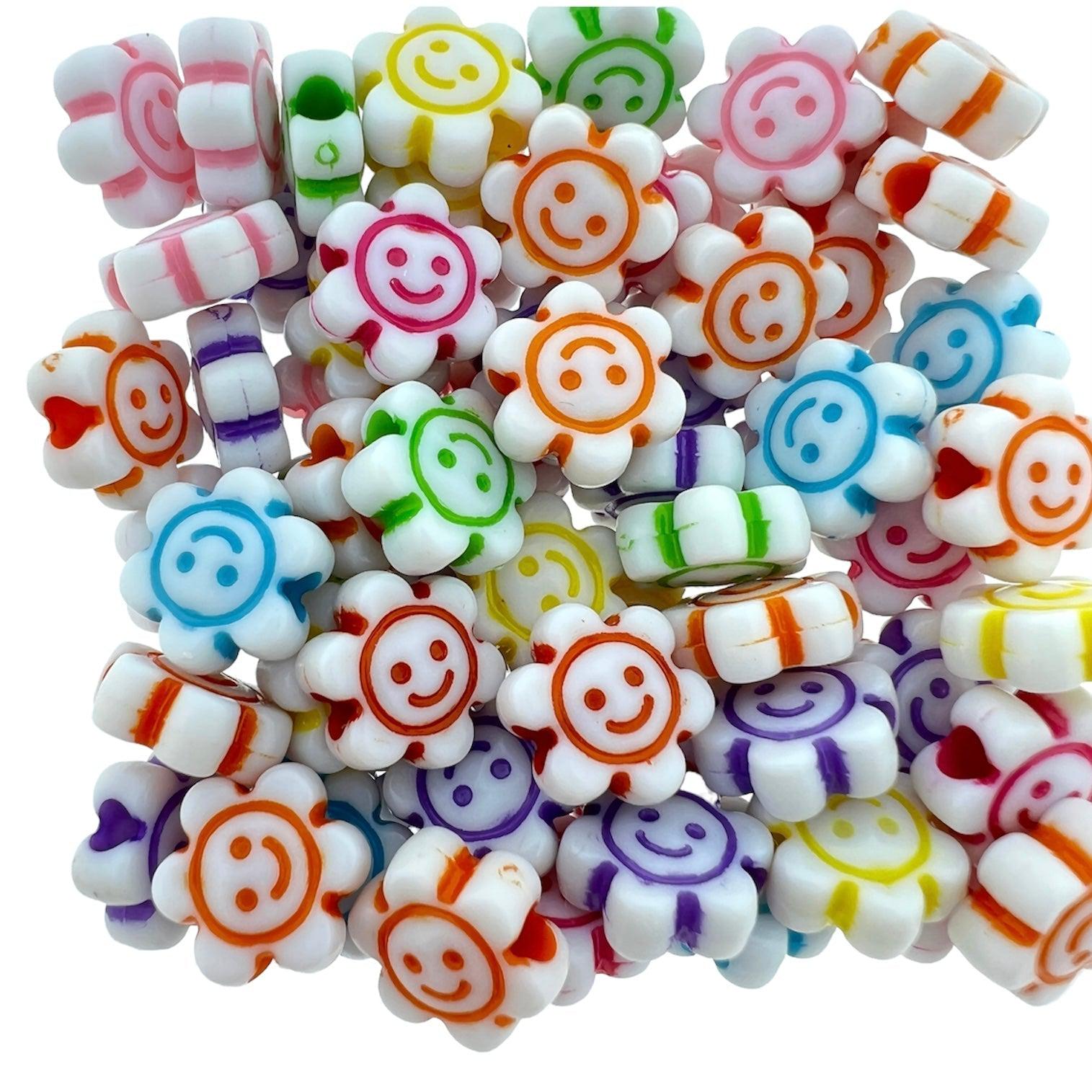 Acryl bloemen smiley gekleurd 10x11x5mm- 60 stuks-Kralen-Kraaltjes van Renate