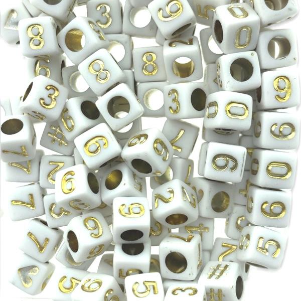 Acryl cijferkralen vierkant wit-goud 7mm - 100 stuks-Kraaltjes van Renate