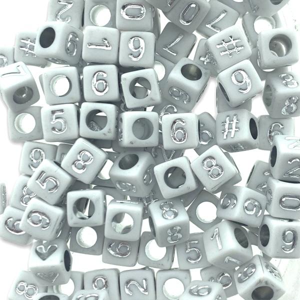 Acryl cijferkralen vierkant wit-zilver 7mm - 100 stuks-Kraaltjes van Renate