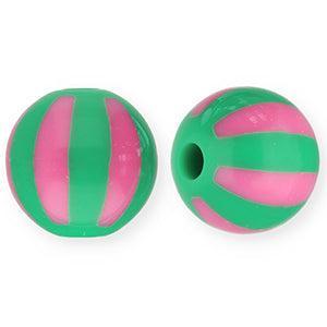 Acryl kraal rond gestreept Groen / Roze 12mm - per stuk-Kralen-Kraaltjes van Renate