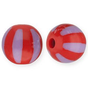 Acryl kraal rond gestreept Rood / Paars 12mm - per stuk-Kralen-Kraaltjes van Renate