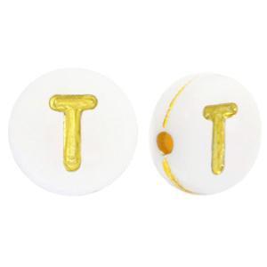 Acryl letterkralen letter T Wit goud 7mm - 10 stuks-Kralen-Kraaltjes van Renate