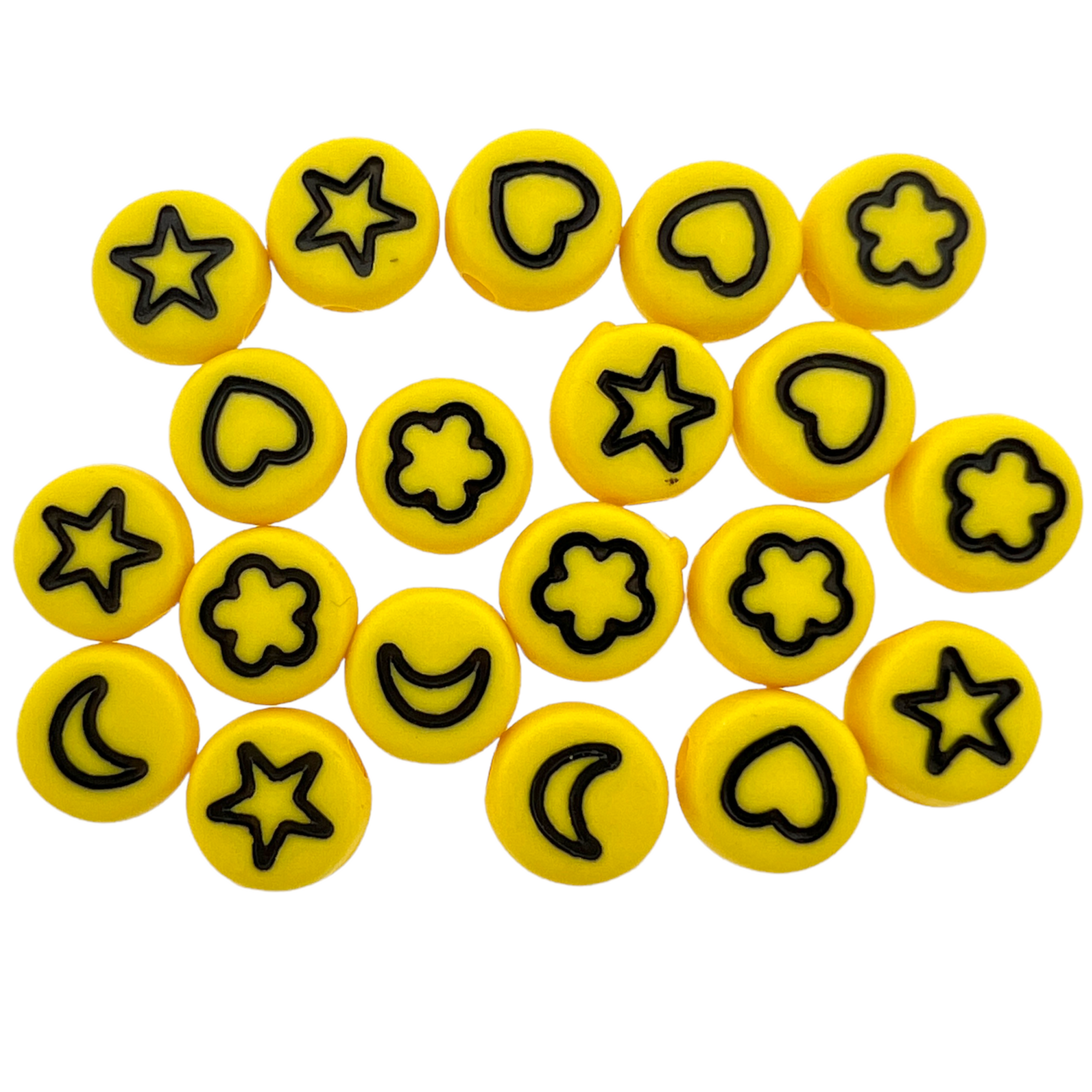 Acryl letterkralen bloem/maan/hart/ster geel-zwart 7mm - 20 stuks-Kralen-Kraaltjes van Renate