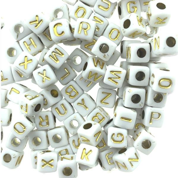 Acryl letterkralen klein vierkant wit-goud 5mm - 100 stuks-Kraaltjes van Renate