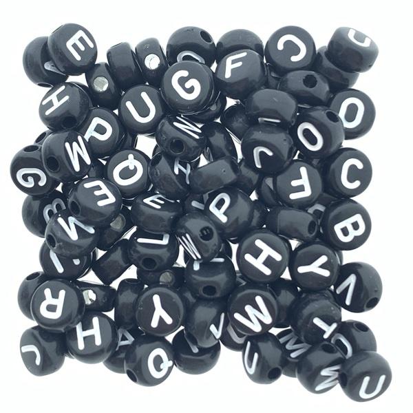 Acryl letterkralen rond zwart-wit 7mm - 100 stuks-Kraaltjes van Renate