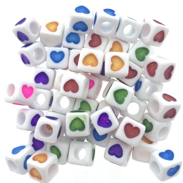 Acryl letterkralen vierkant Hartje wit-multicolour 7mm - 10 stuks-Kraaltjes van Renate