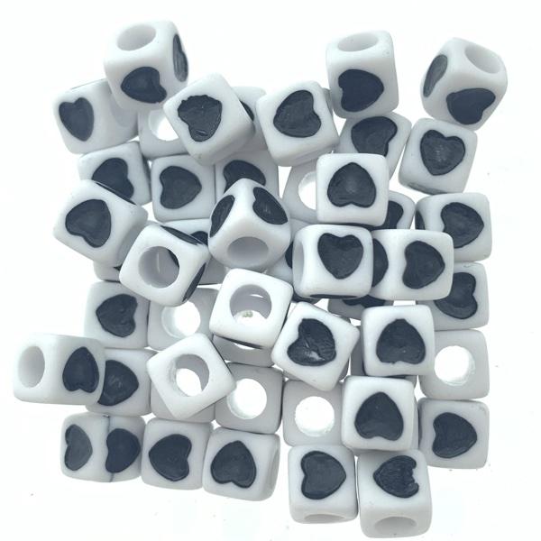 Acryl letterkralen vierkant Hartje wit-zwart 7mm - 10 stuks-Kraaltjes van Renate