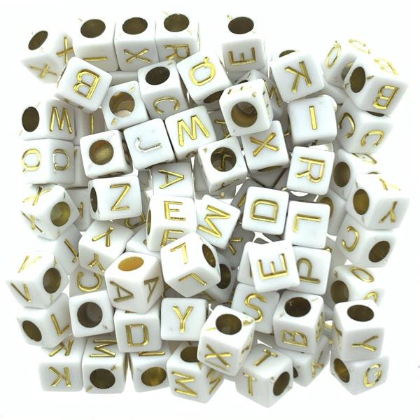 Acryl letterkralen vierkant wit-goud 7mm - 100 stuks-Kraaltjes van Renate