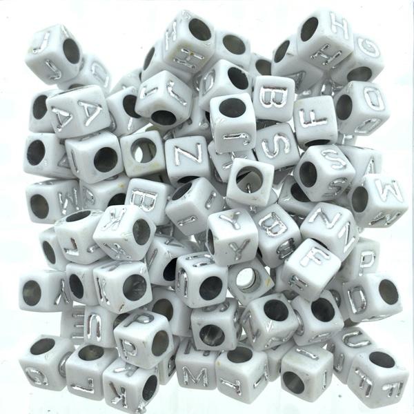 Acryl letterkralen vierkant wit-zilver 7mm - 100 stuks-Kraaltjes van Renate