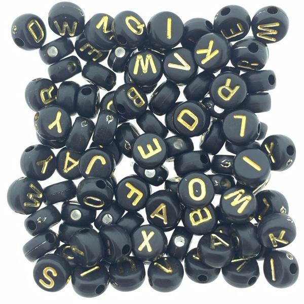 Acryl letterkralen zwart-goud 7mm - 100 stuks-Kraaltjes van Renate