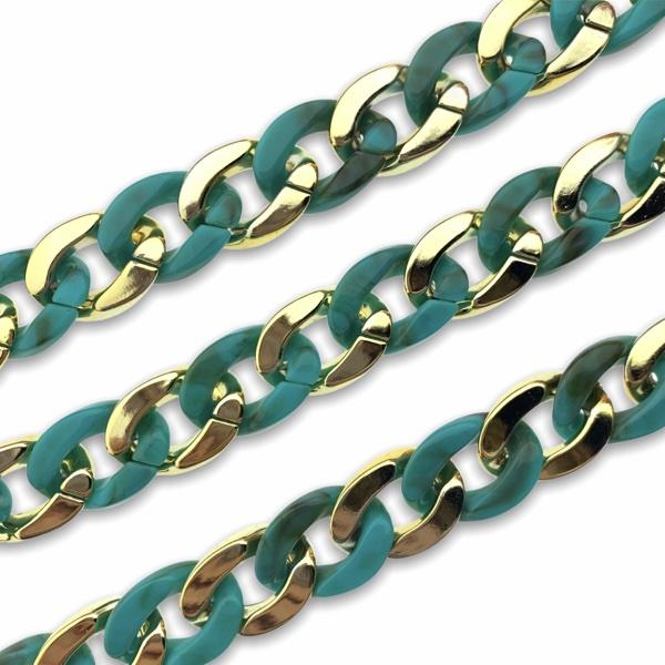 Acrylic chain turquoise-gold 23x17mm - prijs per ±20cm-Kraaltjes van Renate