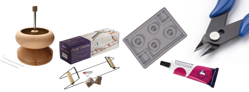 Basismateriaal gereedschap - Kraaltjes van Renate -  Beadspinner, kralenbord, sieradentangen en weefraam