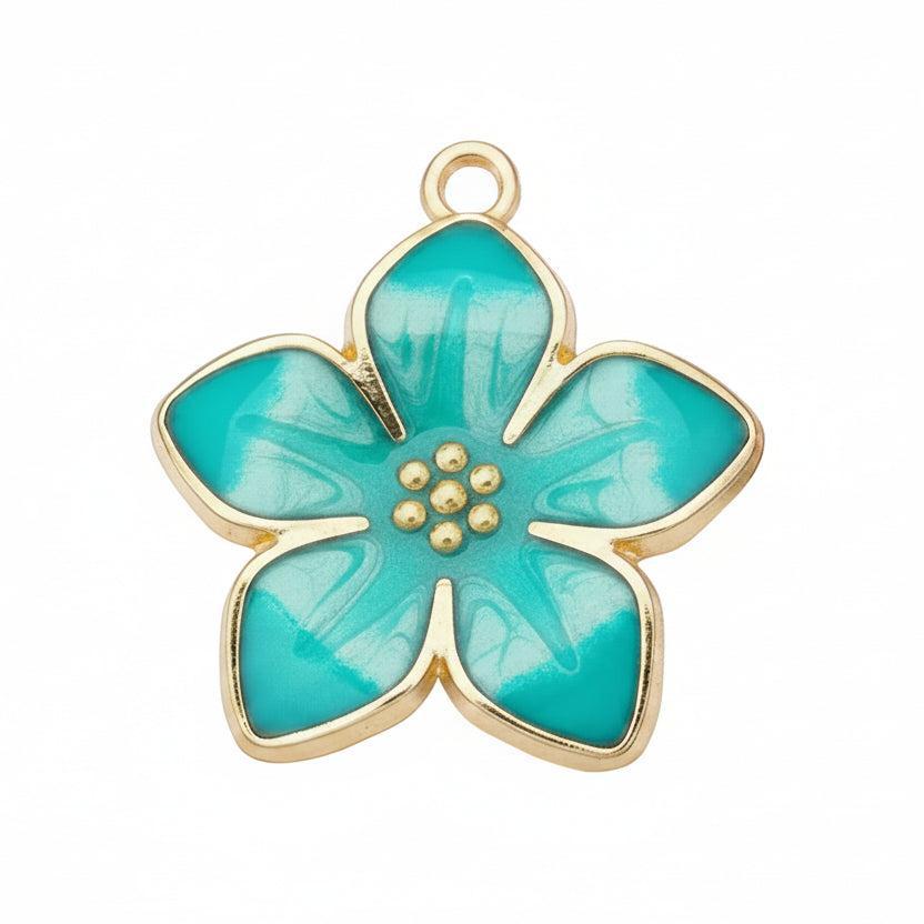 Bedel Bloem Emaille Licht Goud / Turquoise 28mm - per stuk-Bedels-Kraaltjes van Renate