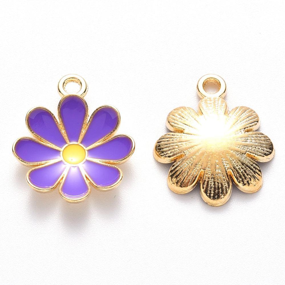 Bedel Bloem Emaille Paars Goud 19mm - per stuk-Bedels-Kraaltjes van Renate