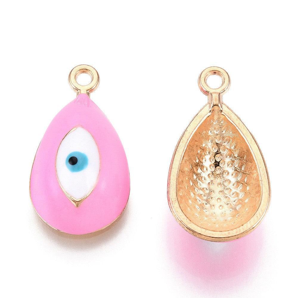 Bedel Druppel Evil Eye Emaille Roze / Goud 21mm - per stuk-bedels-Kraaltjes van Renate