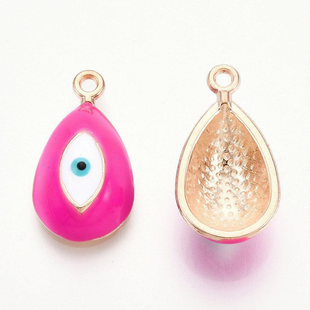 Bedel Druppel Evil Eye Emaille Roze / Goud 21mm - per stuk-bedels-Kraaltjes van Renate