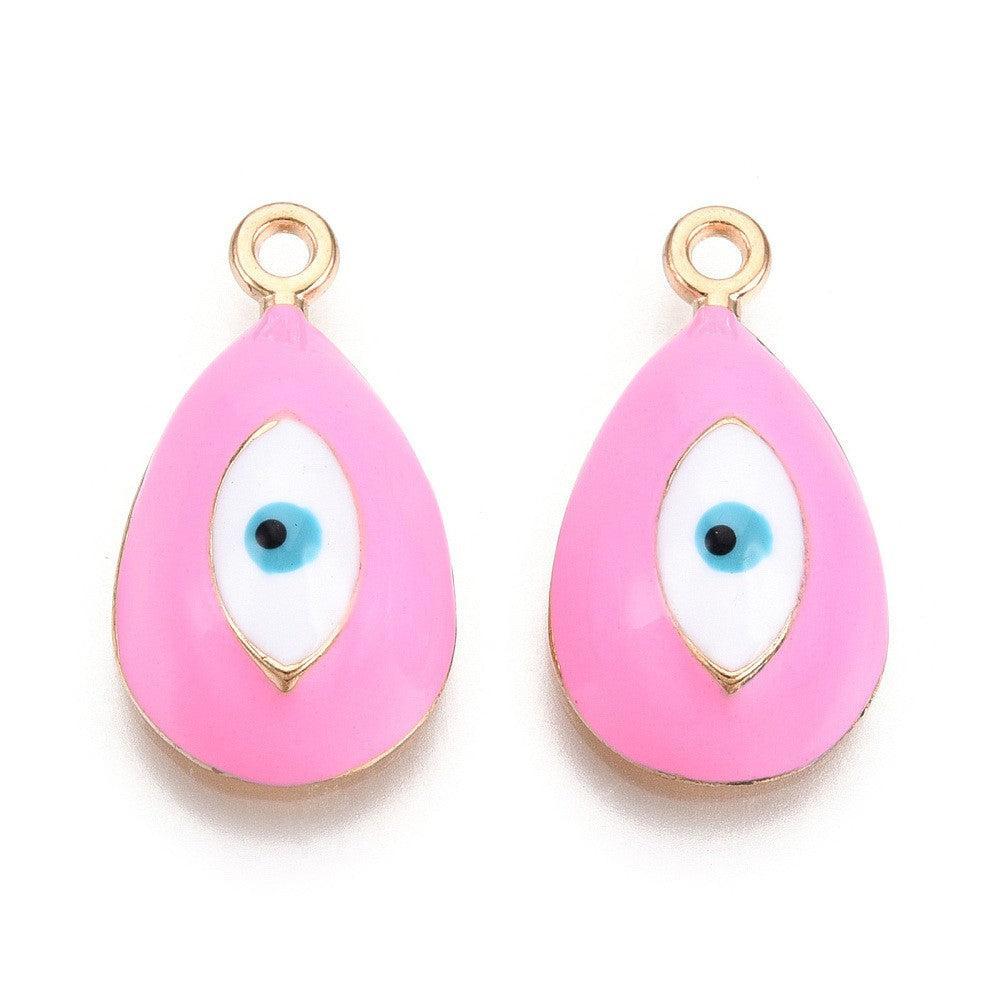Bedel Druppel Evil Eye Emaille Roze / Goud 21mm - per stuk-bedels-Kraaltjes van Renate