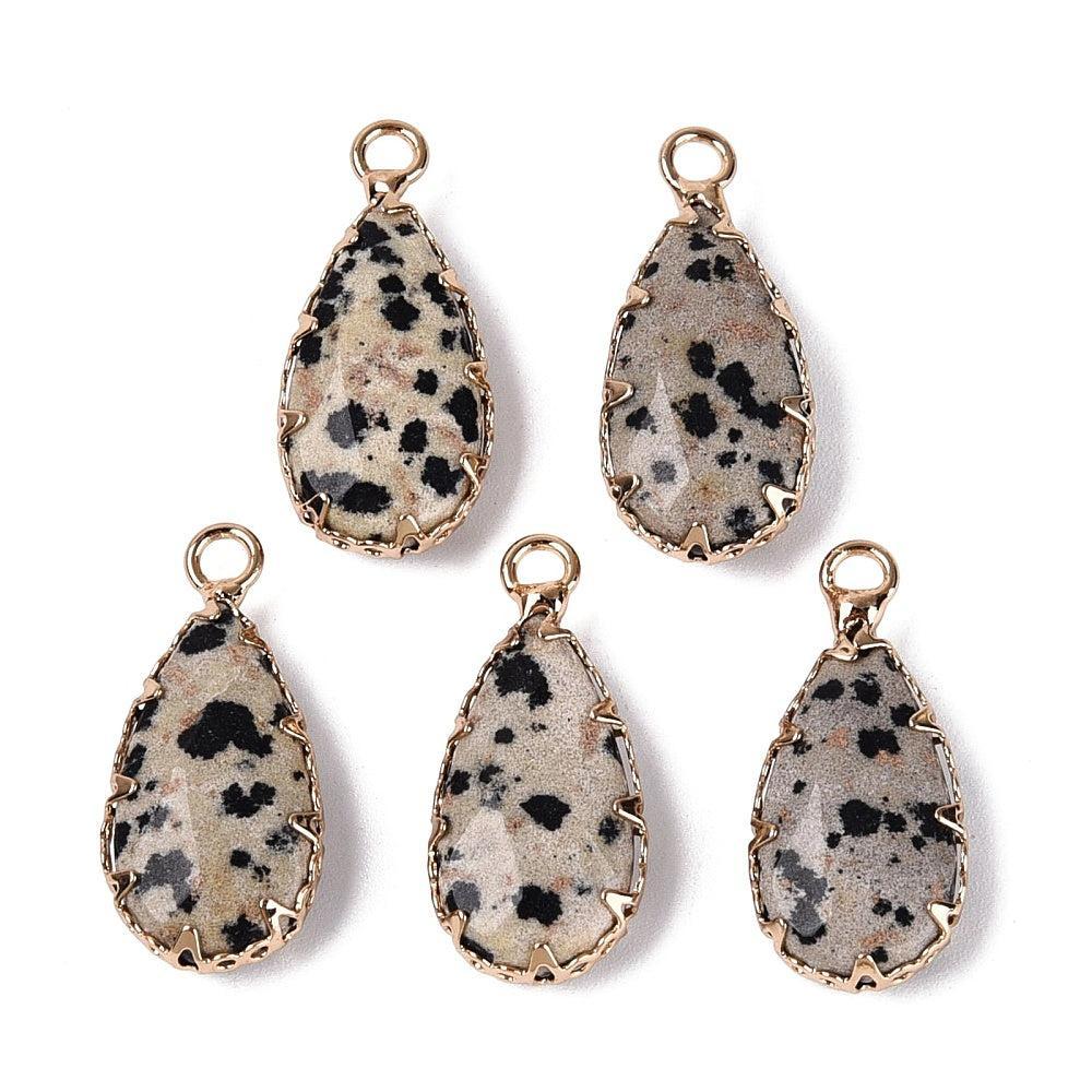 Bedel Druppel Facet Dalmatier Jaspis Brass Goud 25mm - per stuk-Bedels-Kraaltjes van Renate