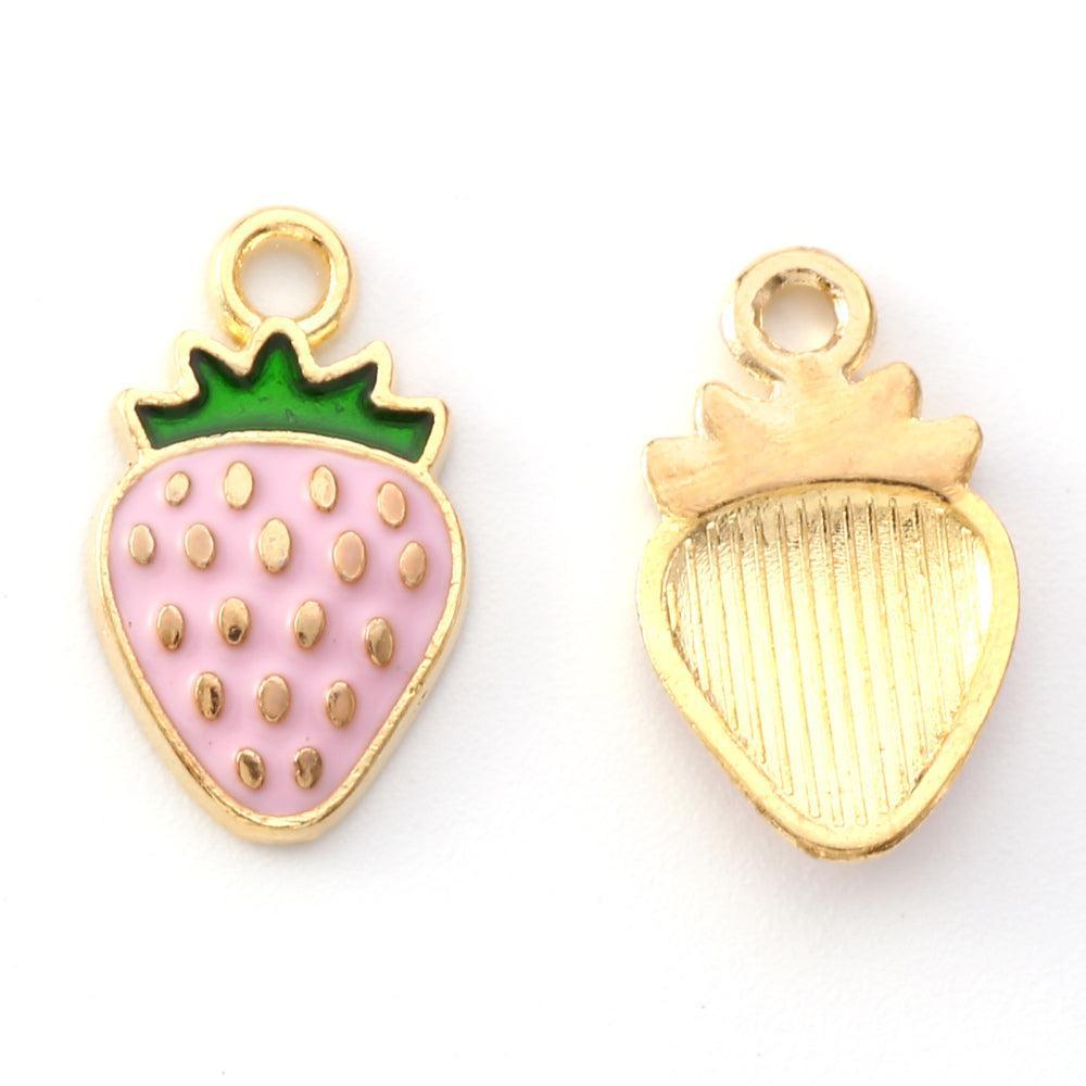 Bedel Emaille Aardbei Roze Goud 17x10mm - per stuk-Bedels-Kraaltjes van Renate