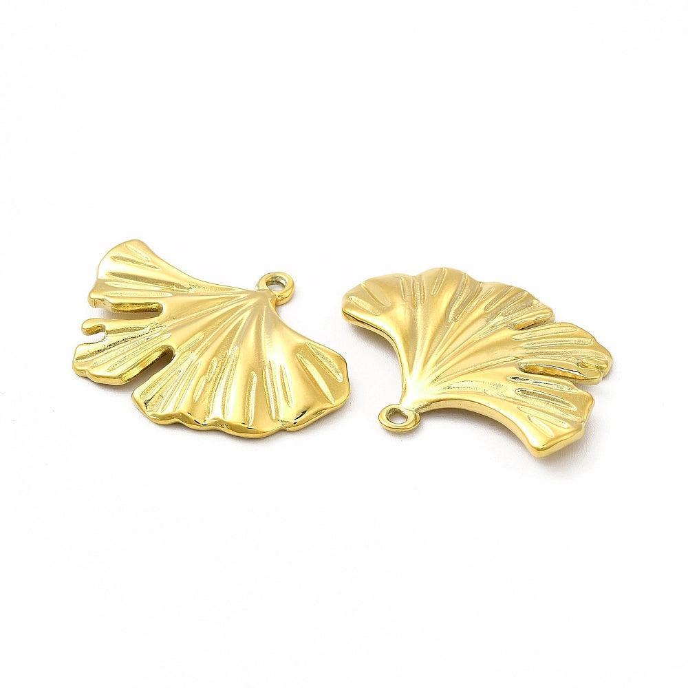 Bedel Ginkgo Blad 18K RVS goud 30mm - per stuk-bedels-Kraaltjes van Renate