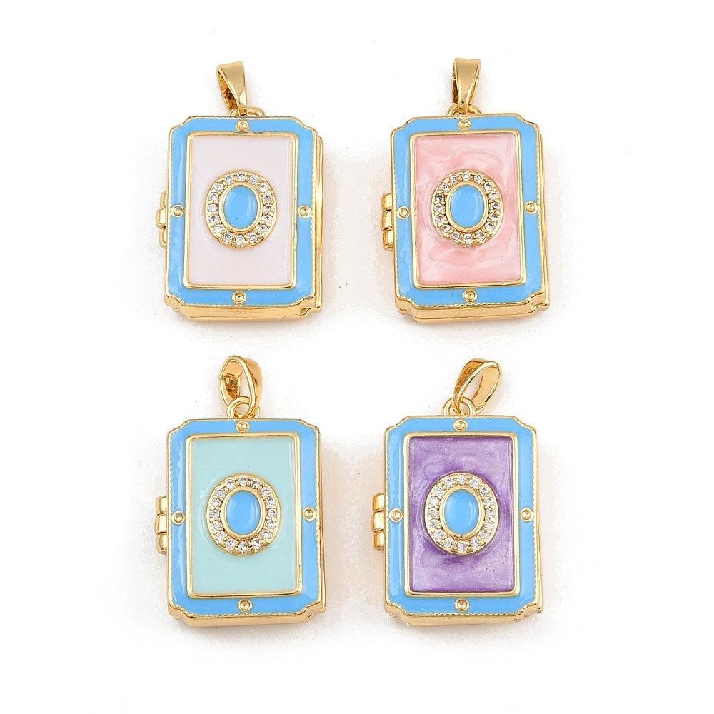 Bedel Hanger Locket Rechthoek Zirkonia & Emaille met 18K Goud Plating 22mm – per stuk-bedels-Kraaltjes van Renate