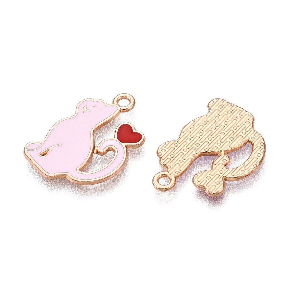 Bedel Kat met Hartje goud/Roze 21x14x1mm- per Stuk-bedels-Kraaltjes van Renate