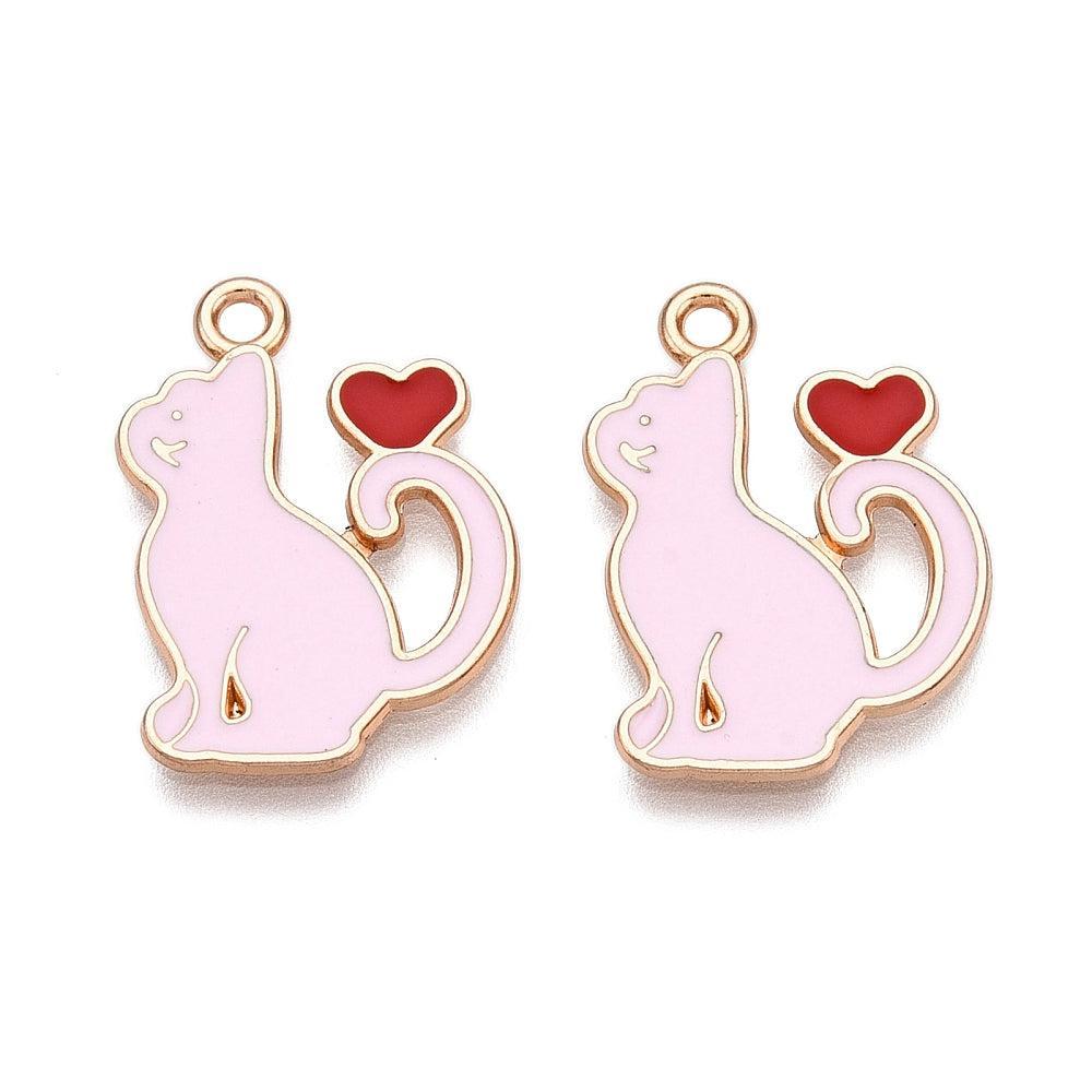 Bedel Kat met Hartje goud/Roze 21x14x1mm- per Stuk-bedels-Kraaltjes van Renate