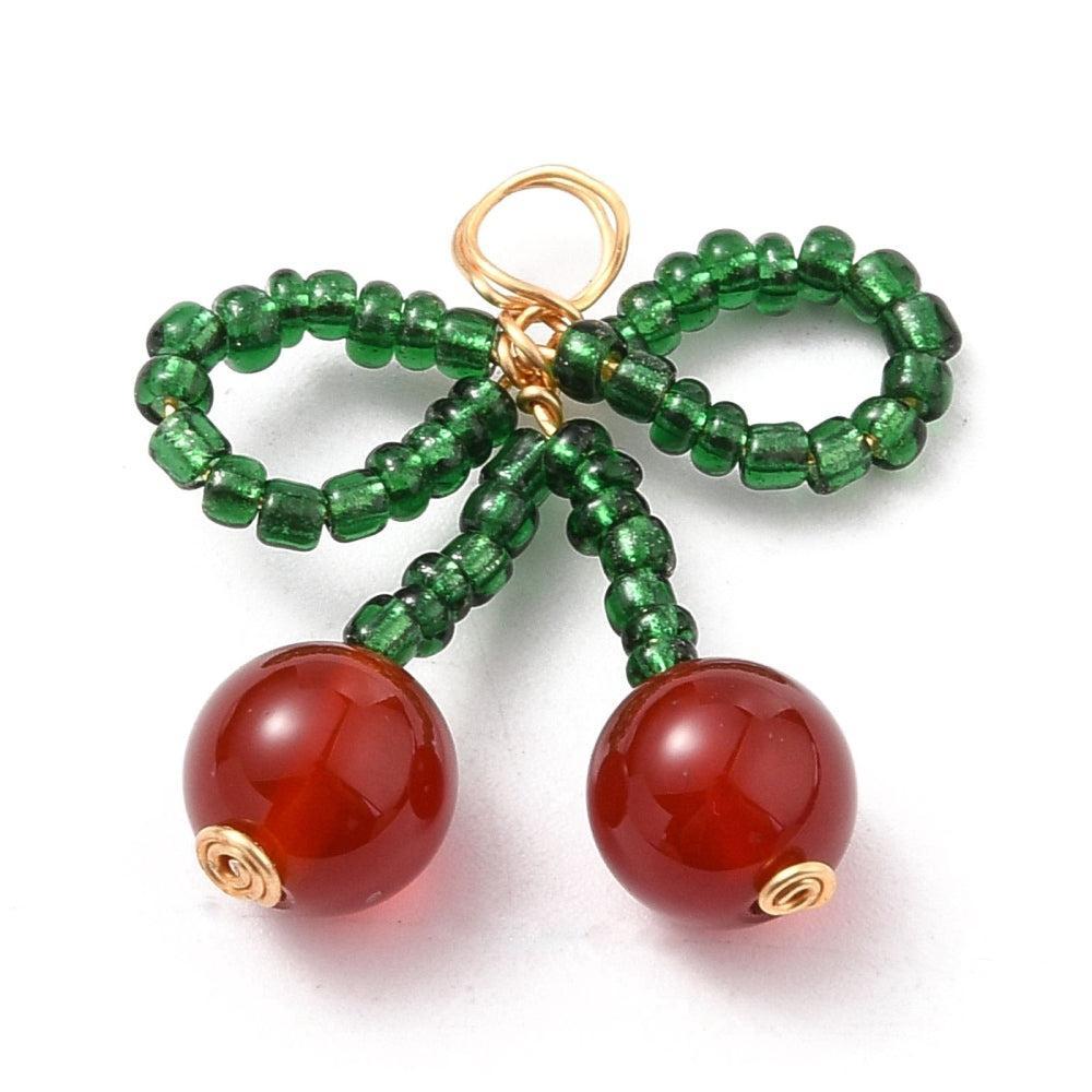 Bedel Kers Strik Rocailles Groen Rood 26mm - per stuk-Bedels-Kraaltjes van Renate