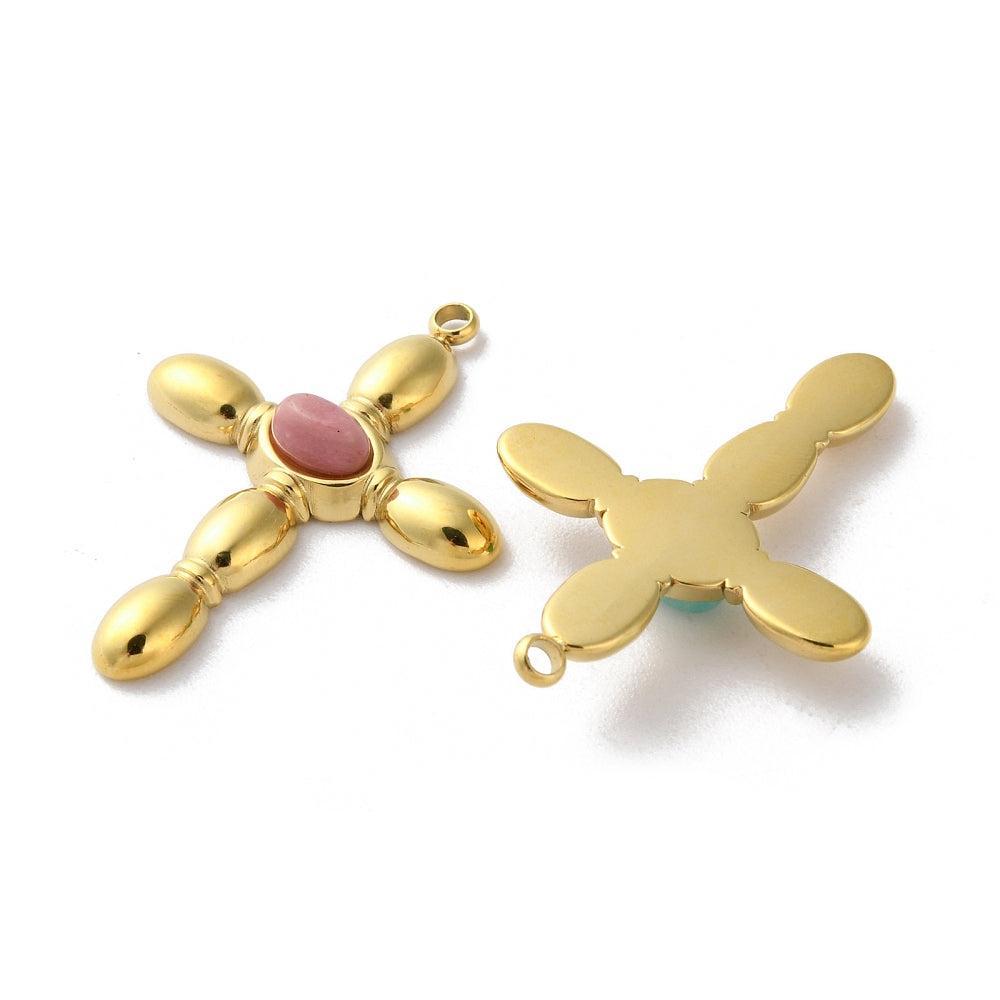 Bedel Kruis Natuursteen & Premium RVS met 18K Goud Plating 33mm – per stuk-bedels-Kraaltjes van Renate