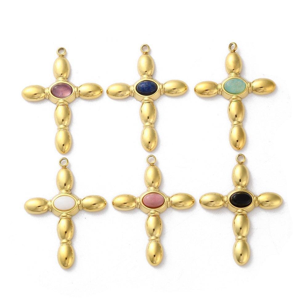 Bedel Kruis Natuursteen & Premium RVS met 18K Goud Plating 33mm – per stuk-bedels-Kraaltjes van Renate