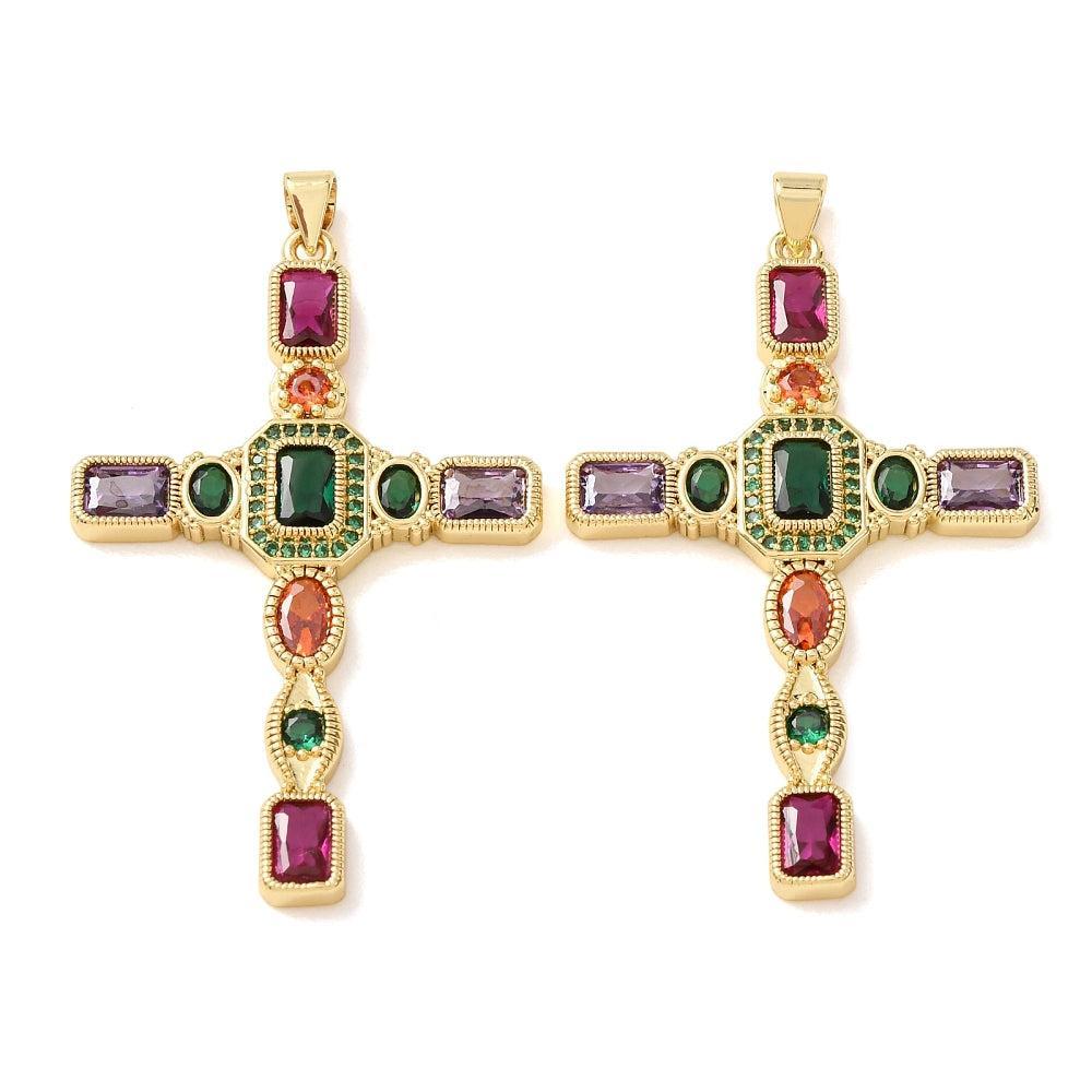 Bedel Kruis Zirconia Multicolor Brass Goud 18k 48mm - per stuk-Kralen-Kraaltjes van Renate