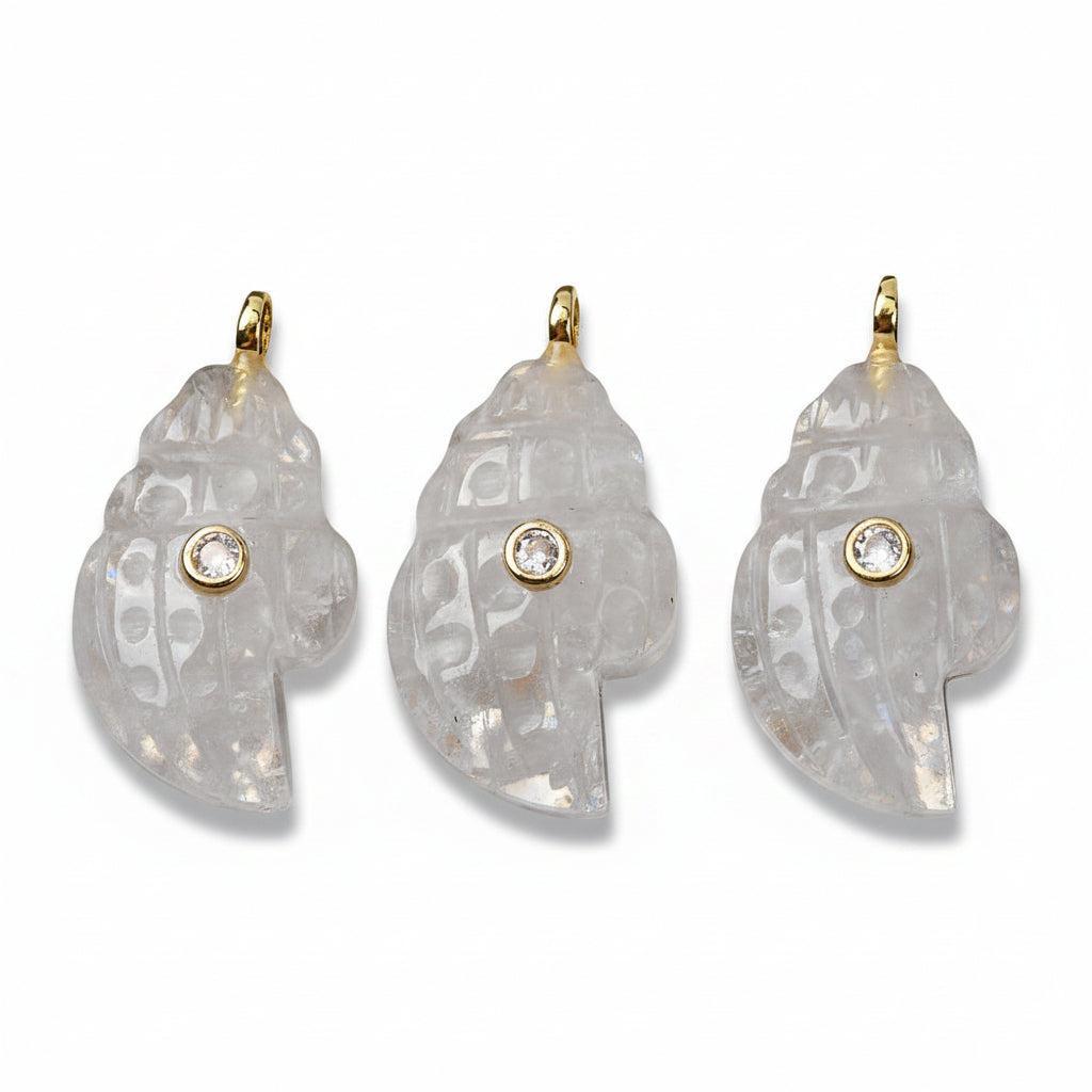 Edelsteen Bedel Kwarts Schelp met Zirconia Wit Goud 31mm - per stuk-Bedels-Kraaltjes van Renate