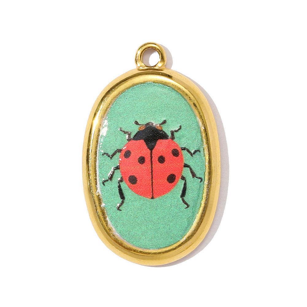 Bedel Lieveheersbeestje RVS Goud / Groen / Rood 28mm - per stuk-bedels-Kraaltjes van Renate