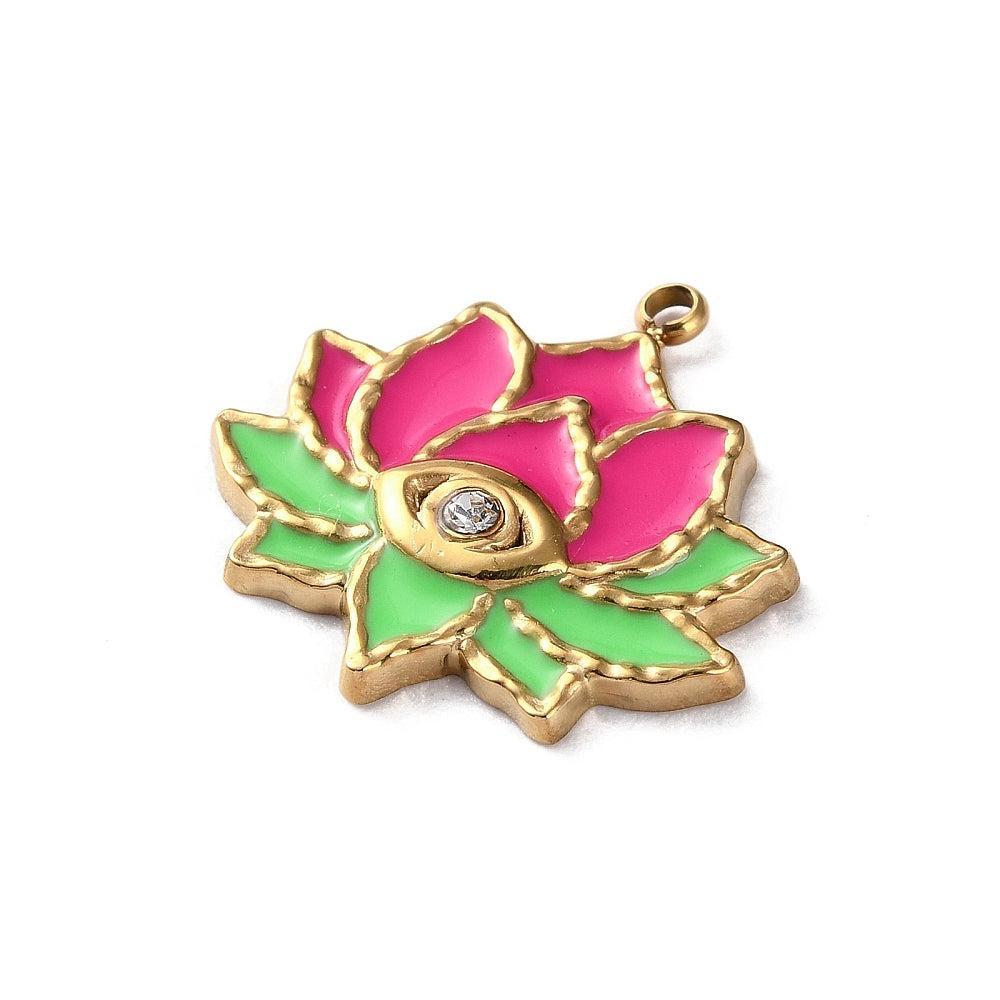 Bedel Bloem Roze/Groen 19.5x20x3mm- per Stuk-bedels-Kraaltjes van Renate