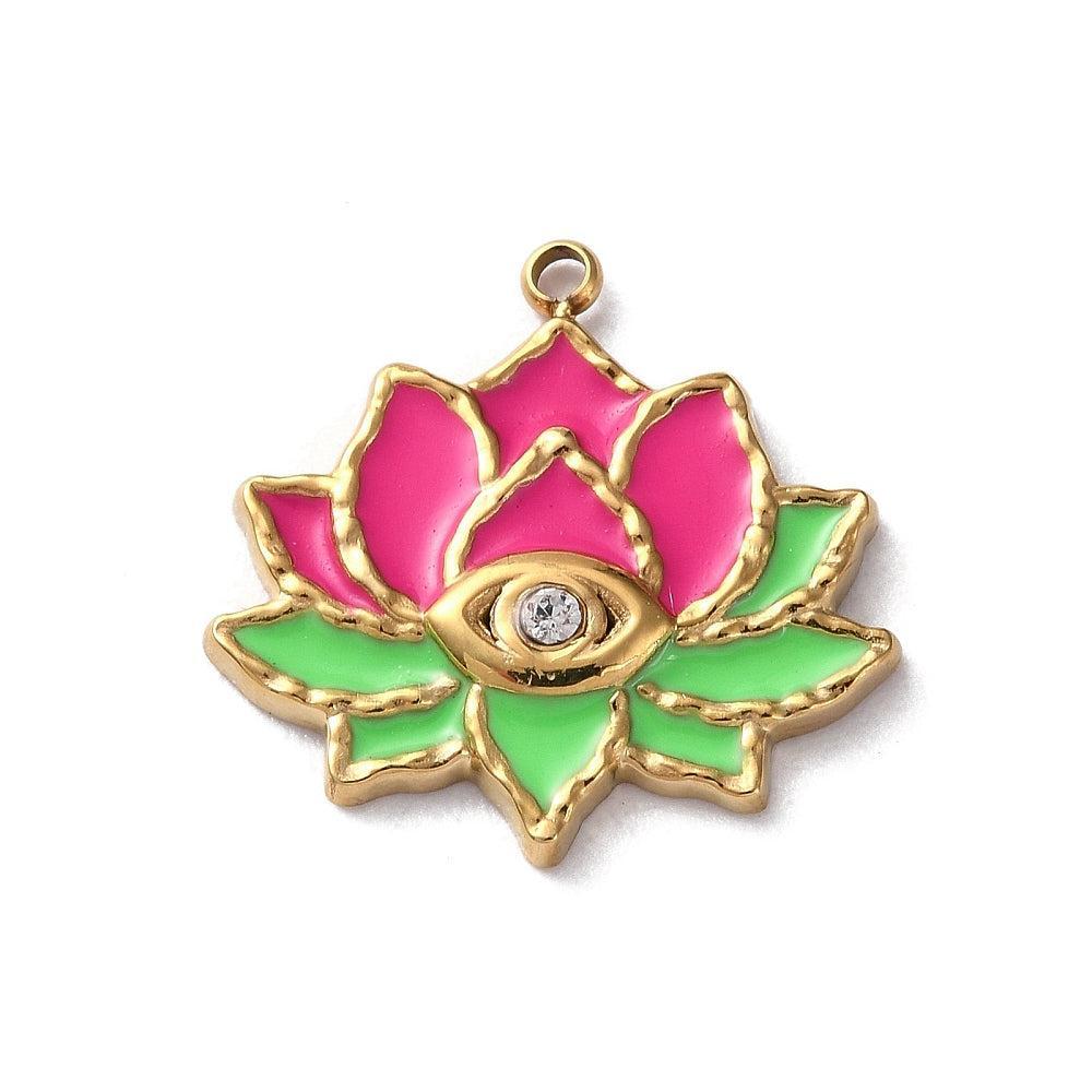 Bedel Bloem Roze/Groen 19.5x20x3mm- per Stuk-bedels-Kraaltjes van Renate