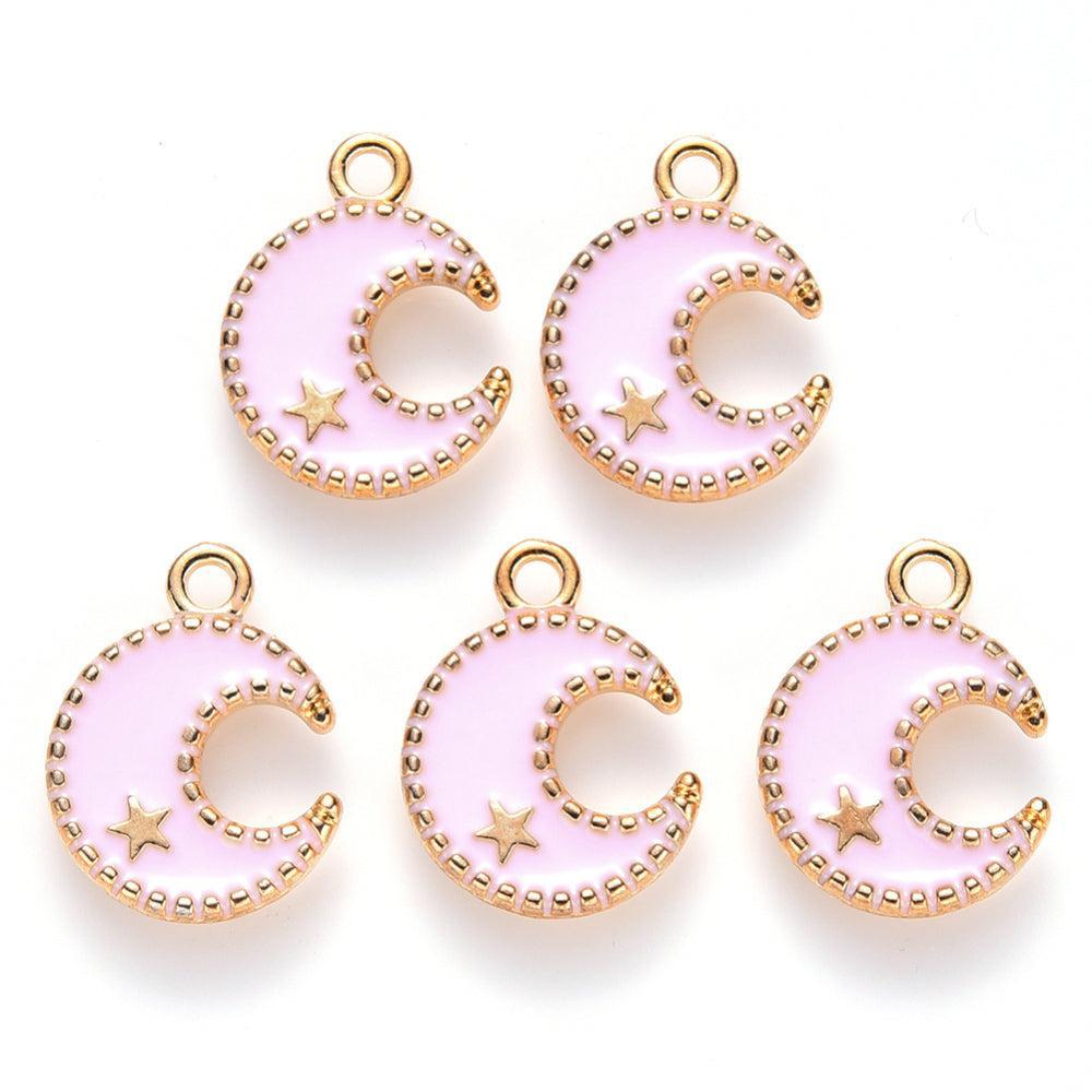 Bedel Maan Emaille Goud Roze 16x13mm - per stuk-Bedels-Kraaltjes van Renate