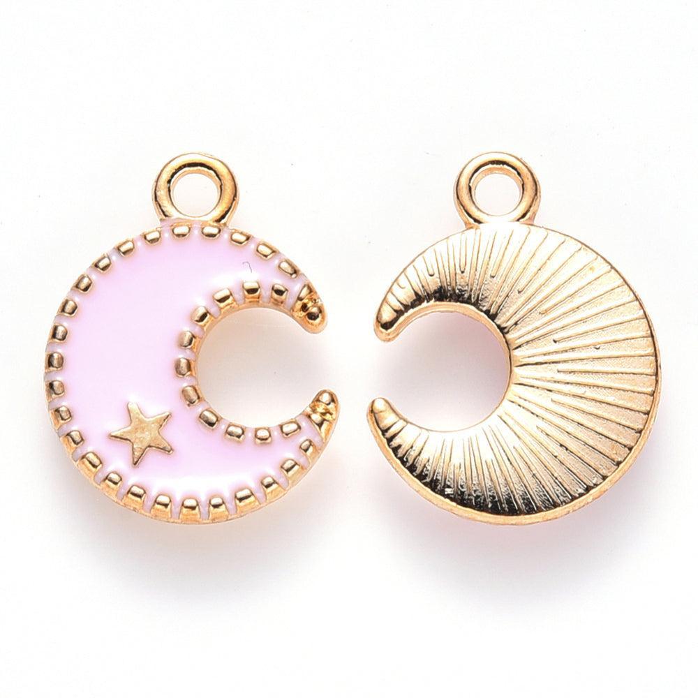 Bedel Maan Emaille Goud Roze 16x13mm - per stuk-Bedels-Kraaltjes van Renate