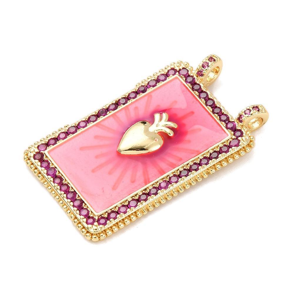 Bedel Rechthoek Hart Emaille met Zirkonia & 18K Goud Plating 36mm – per stuk-bedels-Kraaltjes van Renate