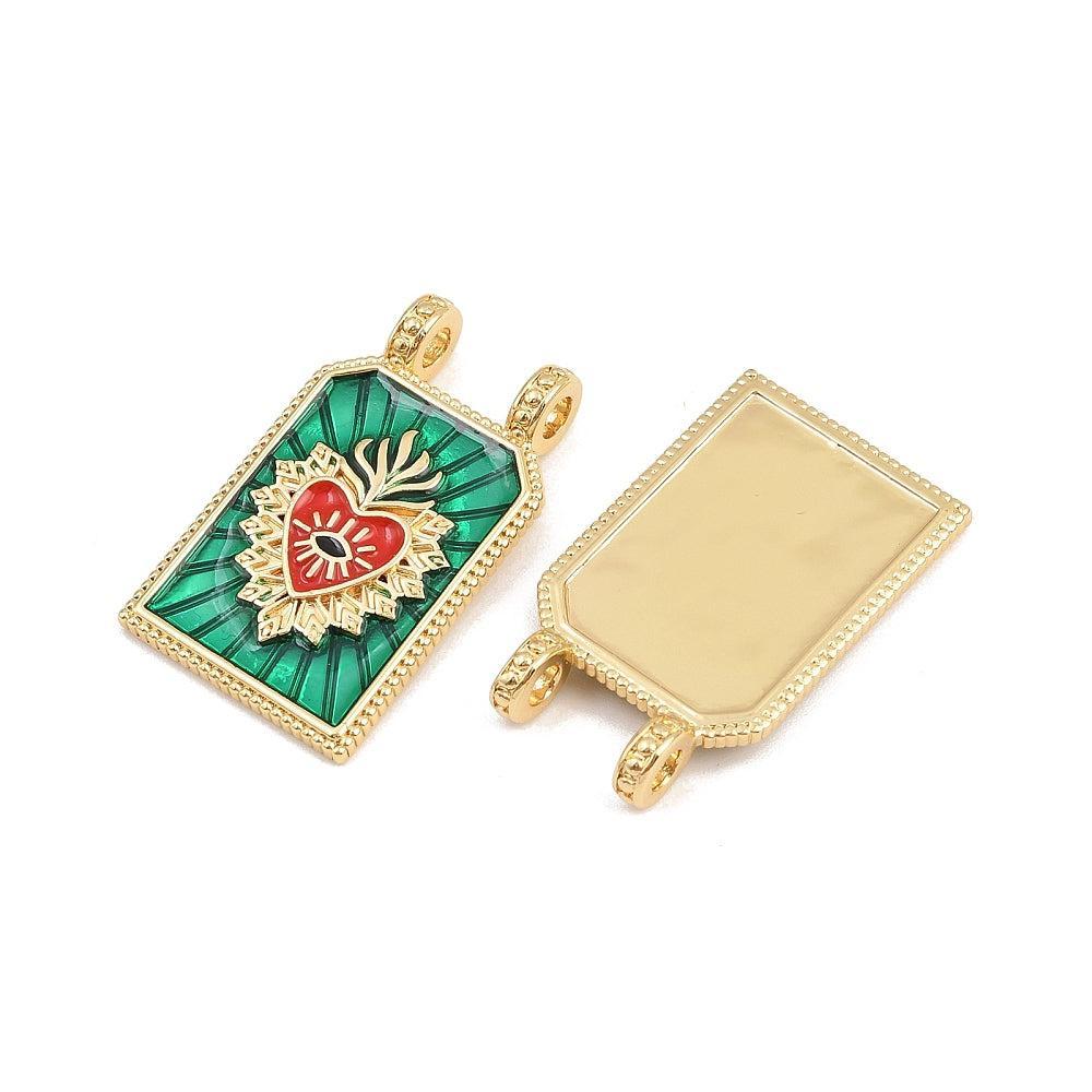 Bedel Rechthoek Sacred Heart Emaille met 18K Goud Plating 29mm – per stuk-bedels-Kraaltjes van Renate