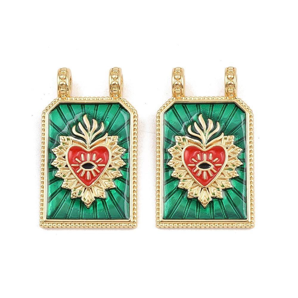 Bedel Rechthoek Sacred Heart Emaille met 18K Goud Plating 29mm – per stuk-bedels-Kraaltjes van Renate