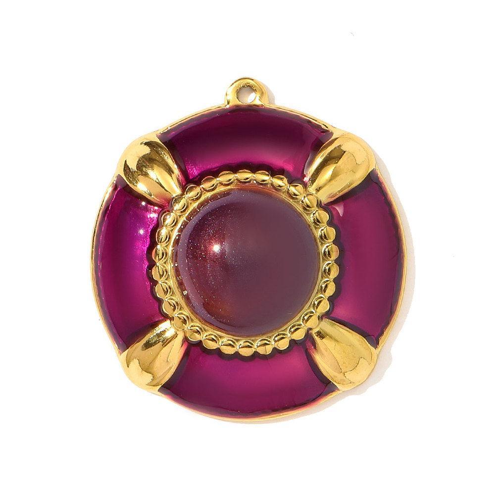 Bedel Rond RVS 18K Goud / Donker Magenta 31mm - per stuk-bedels-Kraaltjes van Renate