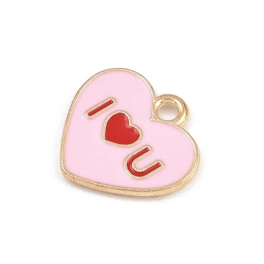 Bedel Valentijn “I ♥ U” Emaille Goud Rood Roze 15mm - per stuk-bedels-Kraaltjes van Renate