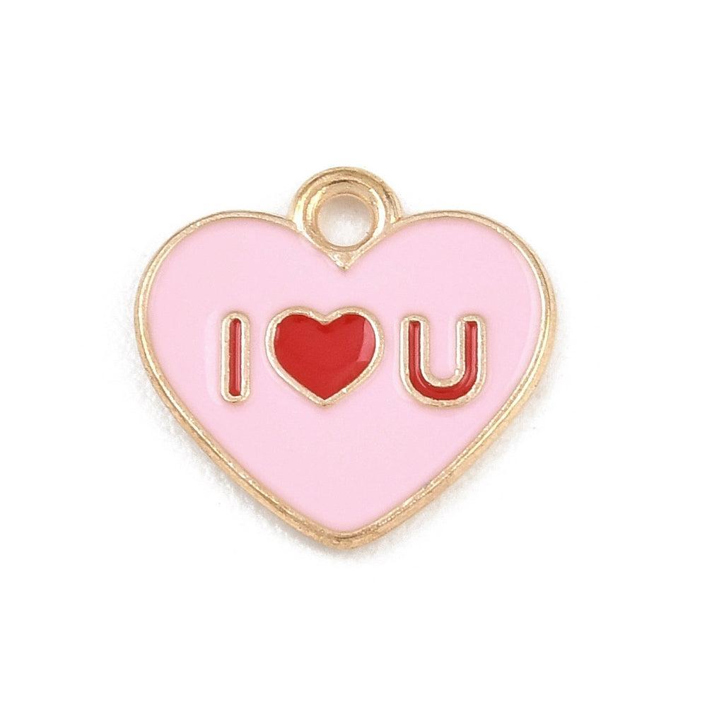 Bedel Valentijn “I ♥ U” Emaille Goud Rood Roze 15mm - per stuk-bedels-Kraaltjes van Renate