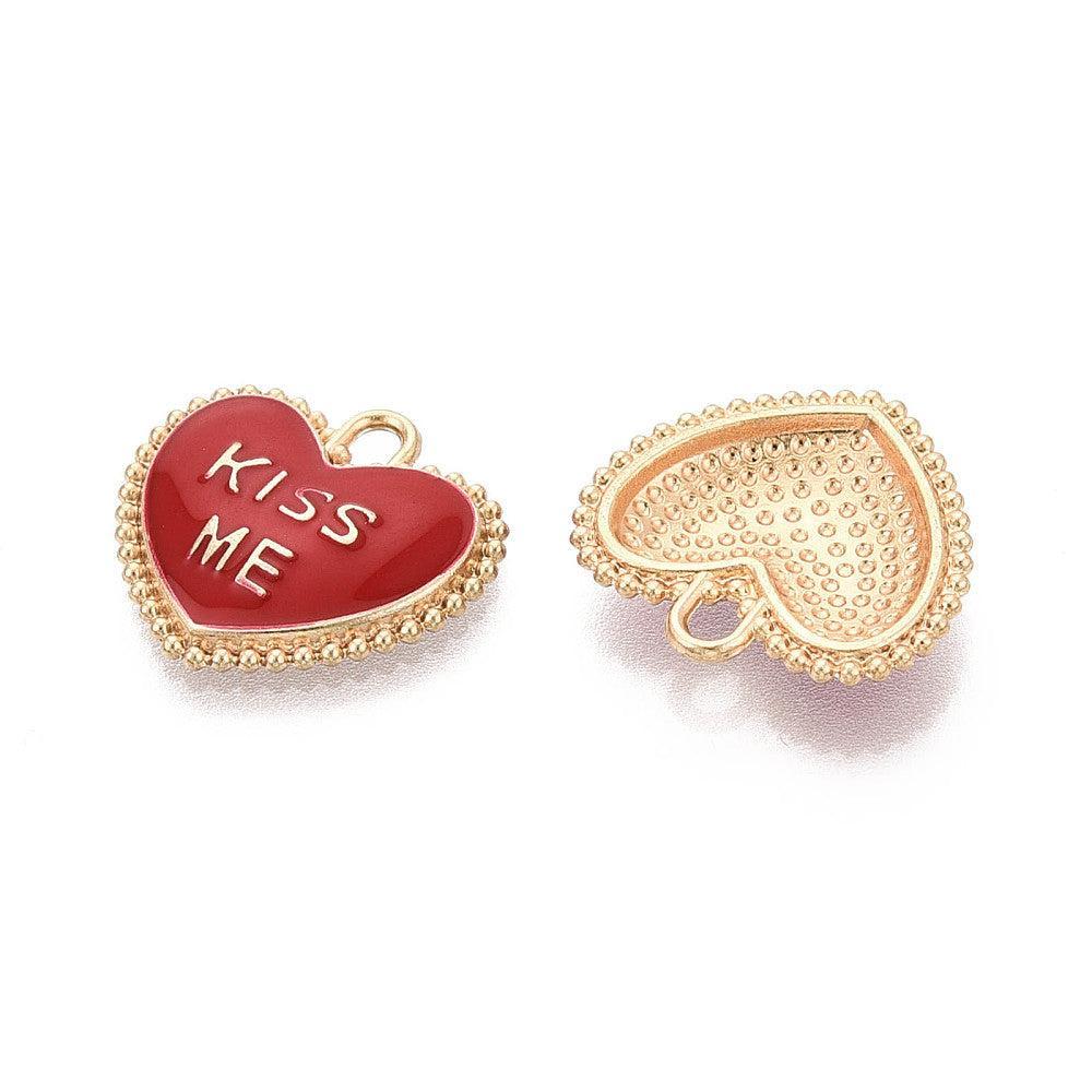 Bedel Valentijn "Kiss Me" Emaille Goud Rood 15mm - per stuk-bedels-Kraaltjes van Renate
